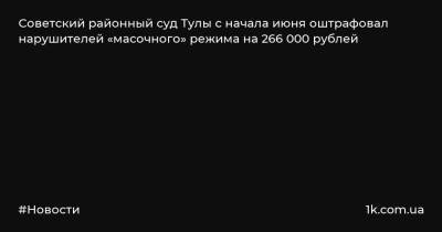 Советский районный суд Тулы с начала июня оштрафовал нарушителей «масочного» режима на 266 000 рублей