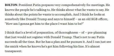 Болтон уверен, что Путин готовится к переговорам лучше, чем Трамп