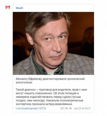 Михаила Ефремова официально признали хроническим алкоголиком