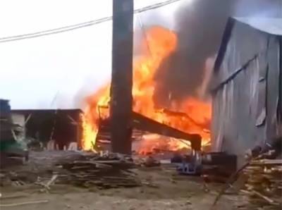 В Кузбассе серьёзный пожар на пилораме сняли на видео