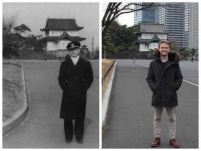 Внук сфотографировался на том же месте, что и его дед 70 лет назад: пользователей сети поразил фон снимка