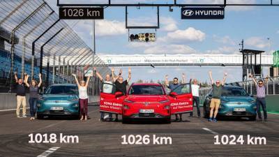 Три команды на электрокроссоверах Hyundai Kona Electric смогли проехать больше 1000 км от одного заряда батареи на 64 кВтч (стандартный запас хода — 450 км)
