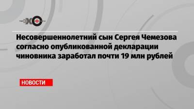 Несовершеннолетний сын Сергея Чемезова согласно опубликованной декларации чиновника заработал почти 19 млн рублей