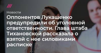 Оппонентов Лукашенко предупредили об уголовной ответственности. Глава штаба Тихановской рассказала о взятой с нее силовиками расписке