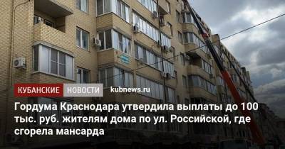 Гордума Краснодара утвердила выплаты до 100 тыс. руб. жителям дома по ул. Российской, где сгорела мансарда