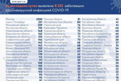 В России за сутки подтвердили 8 232 случая COVID-19