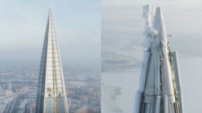 В Петербурге покрылась льдом верхушка 462-метровой башни «Лахта Центр»