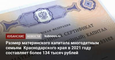 Размер материнского капитала многодетным семьям Краснодарского края в 2021 году составляет более 134 тысяч рублей