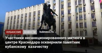 Участники несанкционированного митинга в центре Краснодара осквернили памятник кубанскому казачеству