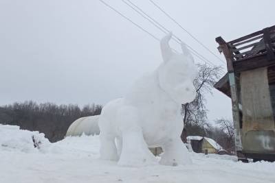 В соцсетях обсуждают снежную скульптуру быка в Великих Луках
