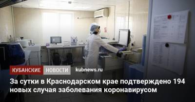 За сутки в Краснодарском крае подтверждено 194 новых случая заболевания коронавирусом