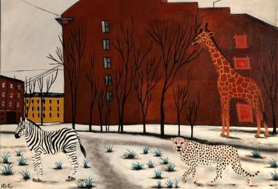 Декабрь 2020: московская художница украсила Выборг жирафом, зеброй и леопардом