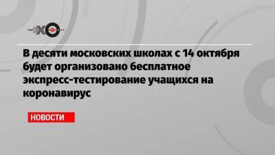 В десяти московских школах с 14 октября будет организовано бесплатное экспресс-тестирование учащихся на коронавирус