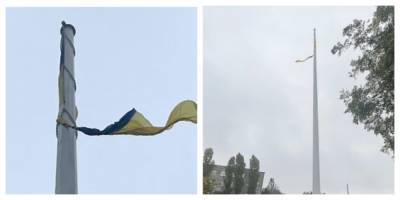 Самый большой флаг разорвал ветер, кадры: никто не снял знамя Украины в шторм
