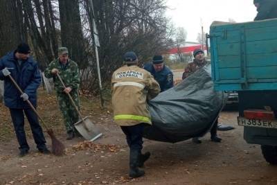 Вооружившиеся метлами пожарные избавили Демянск от листьев