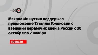 Михаил Мишустин поддержал предложение Татьяны Голиковой о введении нерабочих дней в России с 30 октября по 7 ноября