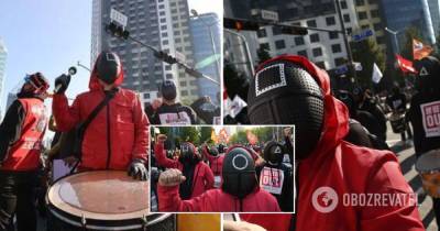 Протесты в Южной Корее – люди вышли на митинги в костюмах из Игры в кальмара, фото и видео
