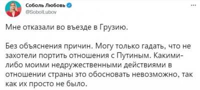 Разыскиваемую в России Любовь Соболь не впустили в Грузию