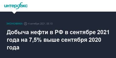 Добыча нефти в РФ в сентябре 2021 года на 7,5% выше сентября 2020 года