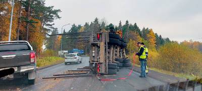 Лесовоз перевернул прицеп на трассе в Карелии (ФОТО)