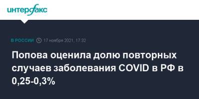 Попова оценила долю повторных случаев заболевания COVID в РФ в 0,25-0,3%