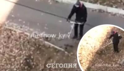 В Киеве заметили коммунальщика, который косил опавшие листья (ВИДЕО)