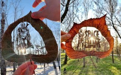 Художник дает опавшим листьям вторую жизнь, вырезая на них рисунки