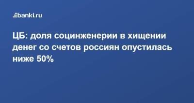 ЦБ: доля социнженерии в хищении денег со счетов россиян опустилась ниже 50%