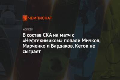 В состав СКА на матч с «Нефтехимиком» попали Мичков, Марченко и Бардаков. Кетов не сыграет
