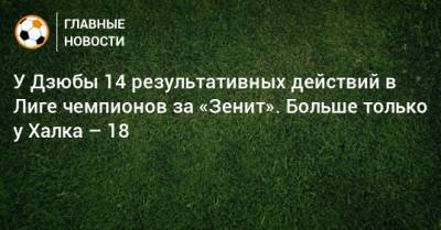 У Дзюбы 14 результативных действий в Лиге чемпионов за «Зенит». Больше только у Халка – 18