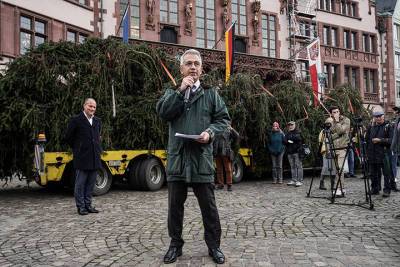 Германия: Новогодняя ёлка, украшающая главную площадь Франкфурта, станет тренажером для скалолазов