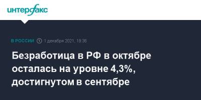 Безработица в РФ в октябре осталась на уровне 4,3%, достигнутом в сентябре