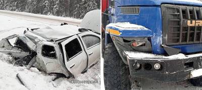 Кроссовер превратился в автохлам после столкновения с грузовиком на трассе в Карелии
