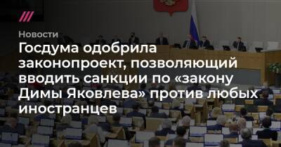 Госдума одобрила законопроект, позволяющий вводить санкции по «закону Димы Яковлева» против любых иностранцев
