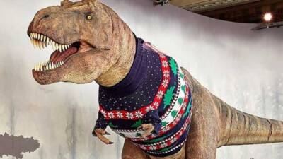 Курьез: в Лондонском музее естествознания тиранозавра нарядили в огромный рождественский свитер (ФОТО)