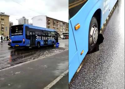На северо-западе Москвы в районе строительства метро автобус застрял в дорожном полотне