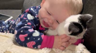 Малышка очень рада обнять своего нового котенка - это видео растрогает любого!