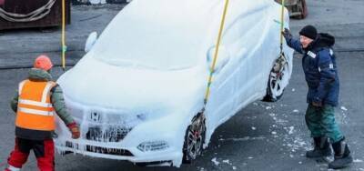 Экстремальные погодные условия превратили партию авто из Японии в ледяные скульптуры (ФОТО)