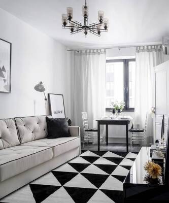 Черно-белые гостиные: 20+ модных интерьеров