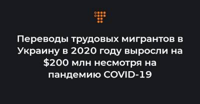 Переводы трудовых мигрантов в Украину в 2020 году выросли на $200 млн несмотря на пандемию COVID-19