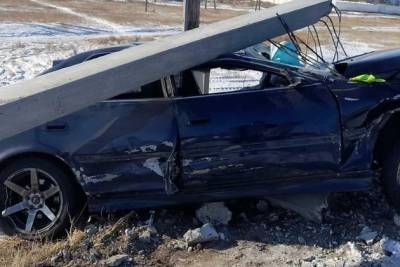 Водитель Toyota Chaser после столкновения с грузовиком врезался в столб в Борзе