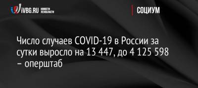 Число случаев COVID-19 в России за сутки выросло на 13 447, до 4 125 598 – оперштаб