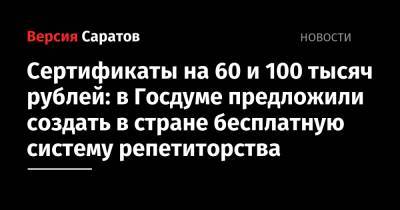 Сертификаты на 60 и 100 тысяч рублей: в Госдуме предложили создать в стране бесплатную систему репетиторства