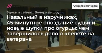 Навальный в наручниках, 45-минутное опоздание судьи и новые шутки про огурцы: чем завершилось дело о клевете на ветерана