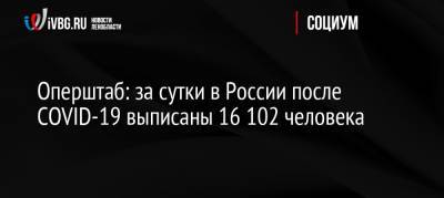 Оперштаб: за сутки в России после COVID-19 выписаны 16 102 человека