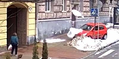 В Киеве снежная глыба разбила автомобиль, водитель которого решил припарковать его на тротуаре — видео