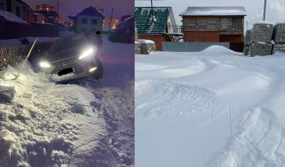 В восточной части Тюмени люксовый внедорожник Lexus угодил в кювет из-за снегопада