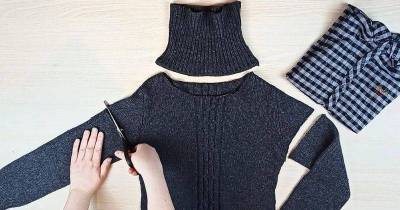 Разрезав старый свитер и рубашку, вы сделаете стильную вещицу