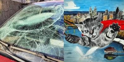 Художник из Днепра Тарас Билоус нарисовал картину по мотивам падения кота на его авто, фото - ТЕЛЕГРАФ