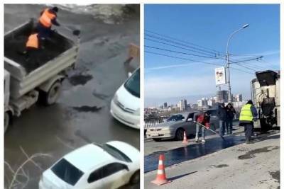 Дорожники засыпали асфальтом яму на улице Широкой в Новосибирске